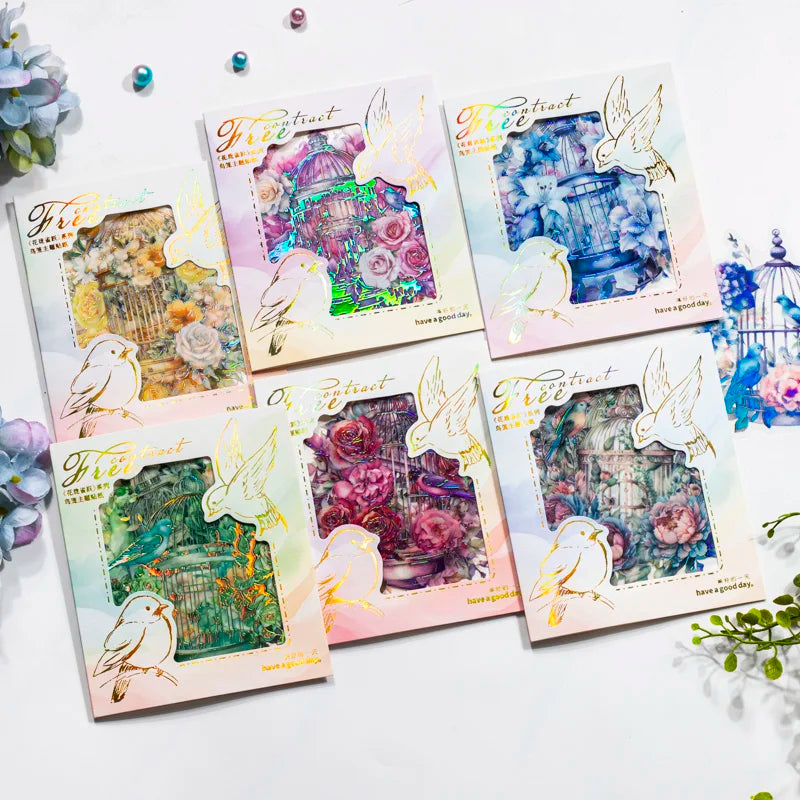 5 pcs Laser Bronzing birdcage PET Stickers aesthetic Decorative Scrapbooking Junk Journal Scrapbooking material Qme