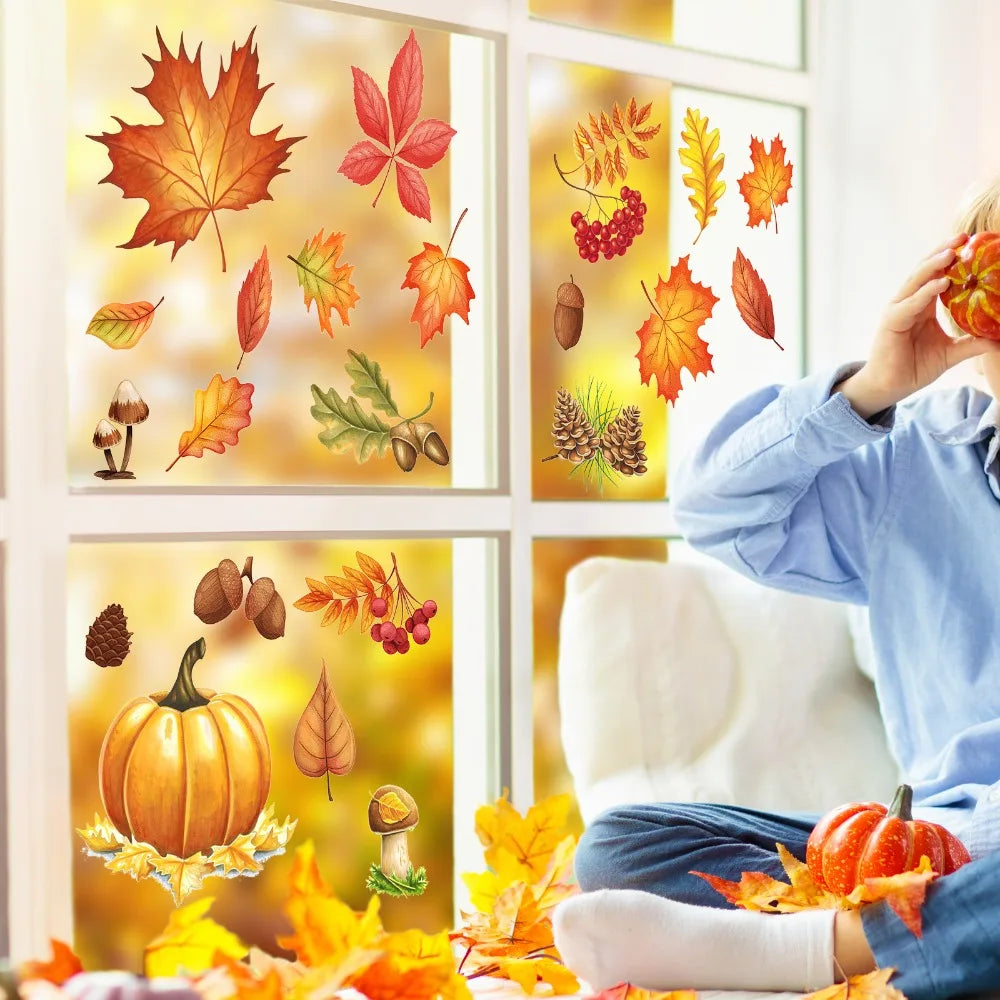 Fall Autumn Window Clings Stickers 5 Sheets Maple Leaves Pumpkin Nuts Qme