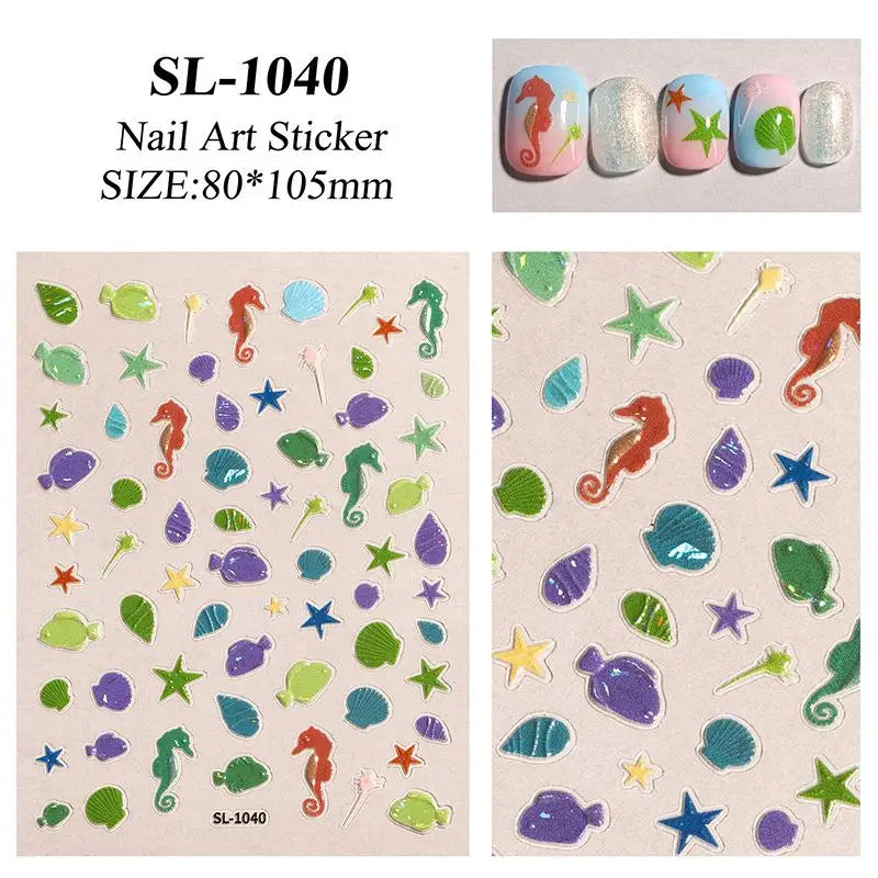 5D Embossed Nail Art Stickers Seashell Starfish Ocean Design Qme A4