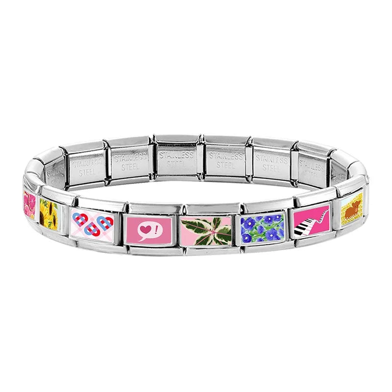 Fashion 3D Pattern Grapefruit Blue Flowers Piano Italian Charm Links Fit 9mm Stainless Steel Bracelet Jewelry DIY Making Beads Qme