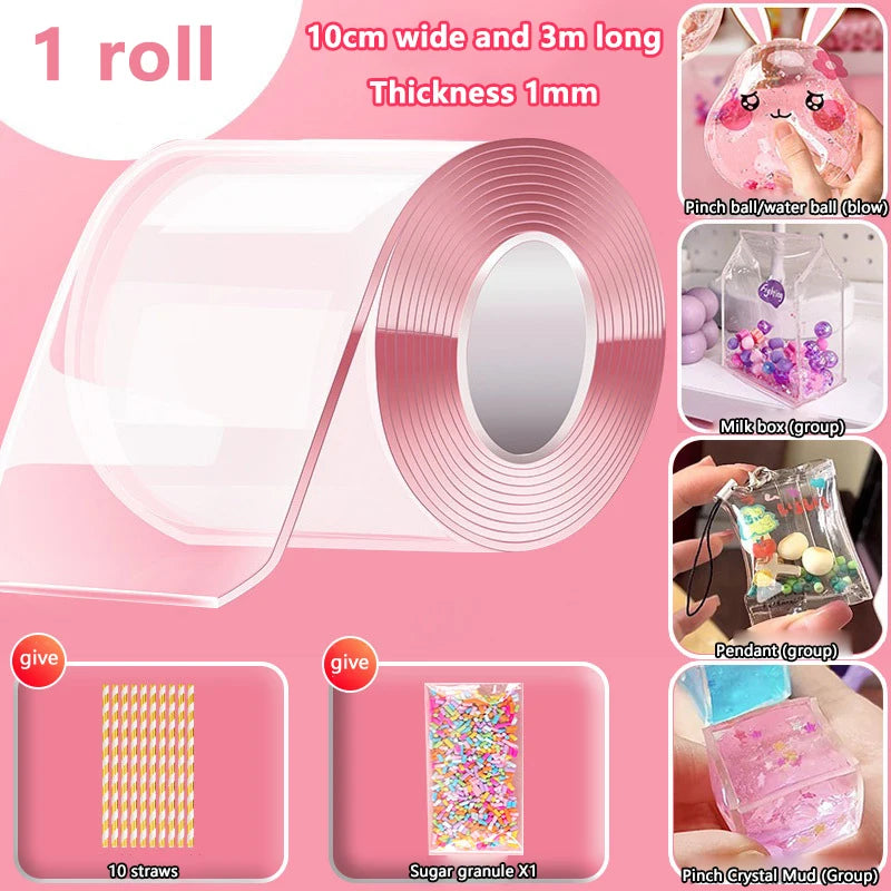 Kids Gifts PET Nano Glue DIY Blow Bubble Double Sided Tape Sticky Qme A3