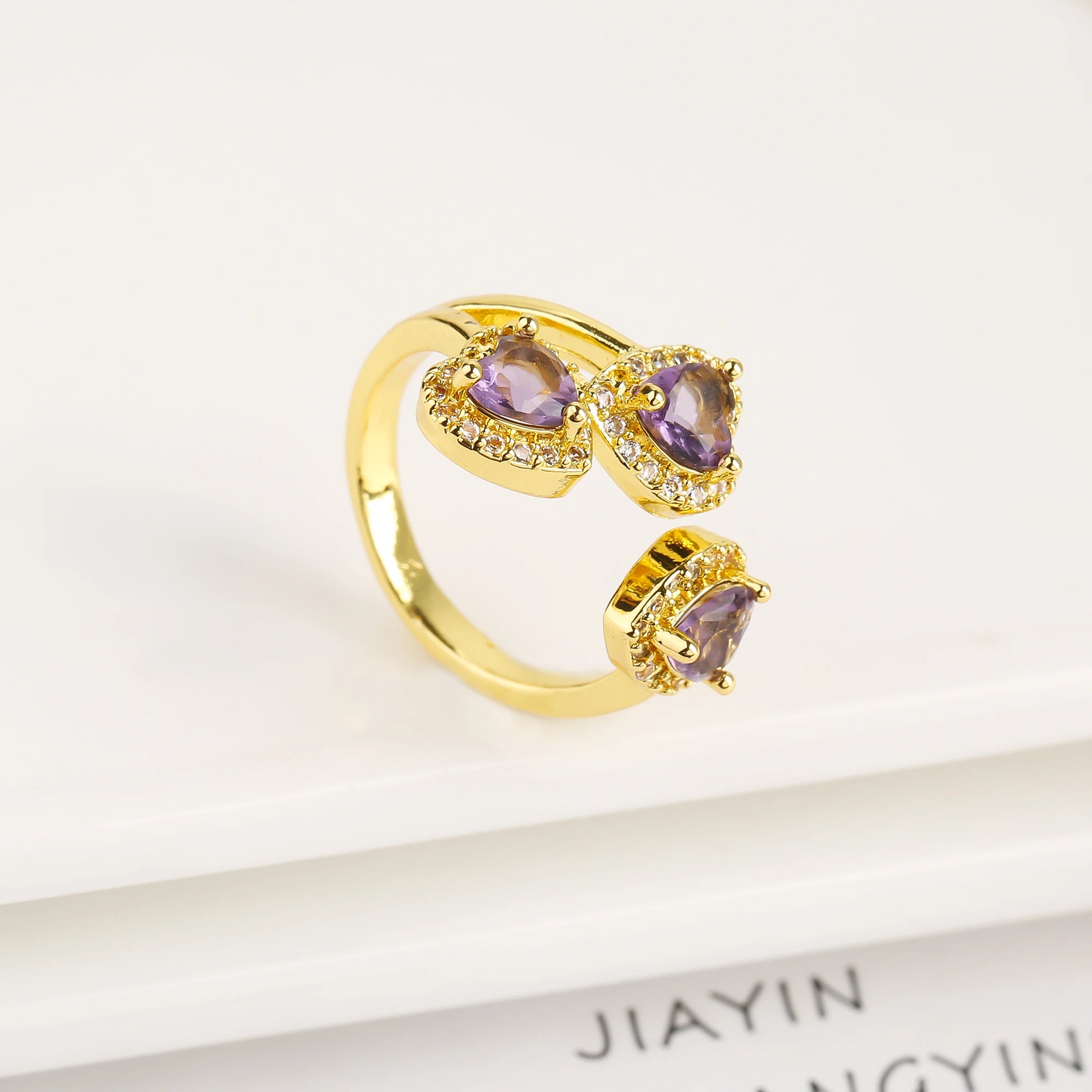 New Design Heart Shape Crystal Zirconia Romantic Open End Ring For Women Lovers Wedding Party Finger Jewelry Accessories Gifts Qme Purple resizable