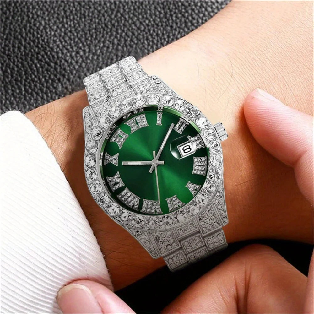 Mens Hip Hop Watch VintagInspired Retro Quartz Timepiece with Oversized Rhinestone Dial and Durable Stainless Steel Band for Men Qme Silver Green