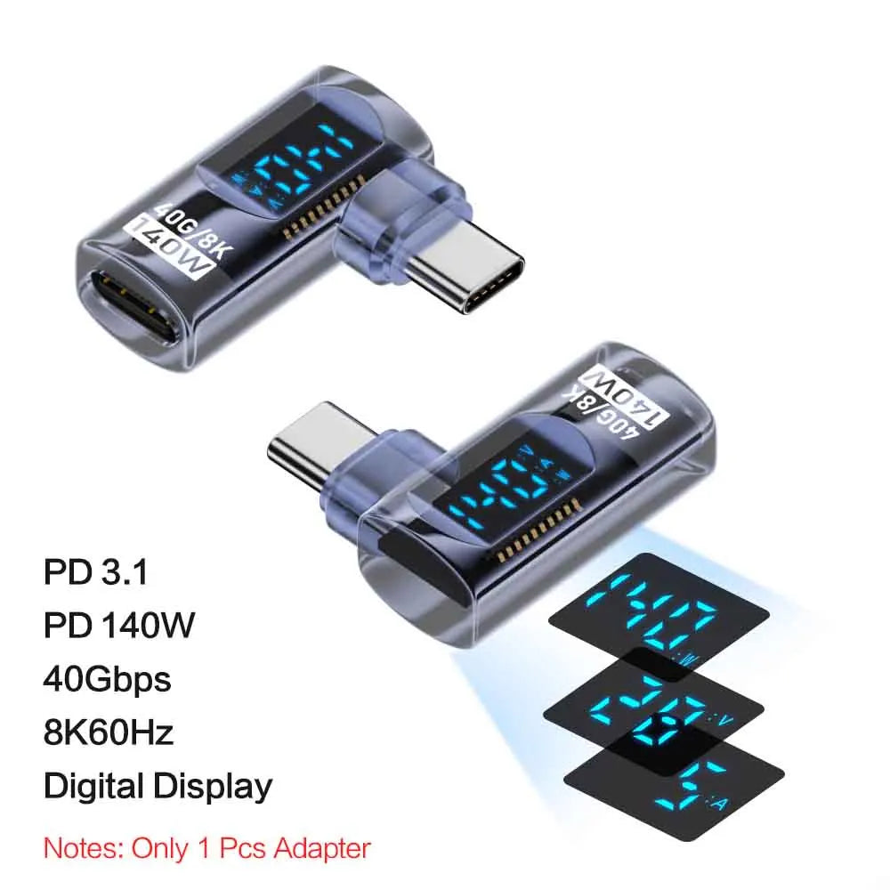 USB 4 Type C Adapter 40Gbps 140W 90 Degree USB C Adapter for Thunderbolt 4 3 Cable Connector Right Angle U Shape Digital Display Qme blue Transparent