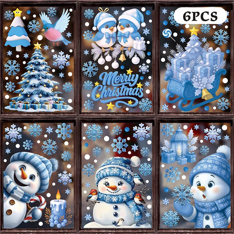 Blue Christmas Window Clings-Static Sticker Set With Bells, Reindeer, Santa, Snowflakes & Snowman For Holiday Party Decor Qme A11
