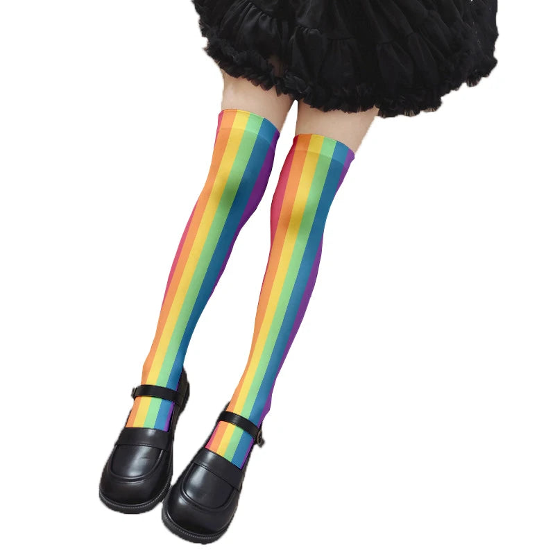Fun Rainbow Striped Stockings Women's Sexy Fashion Multicolor Thigh Qme style8 One Size