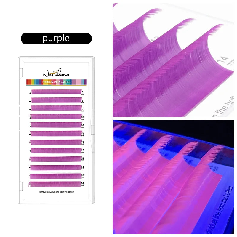 NATUHANA UV Glow Eyelash Extensions Fluorescent Neon Lashes Qme UV purple LU 0.07mm|8-14 Mixed