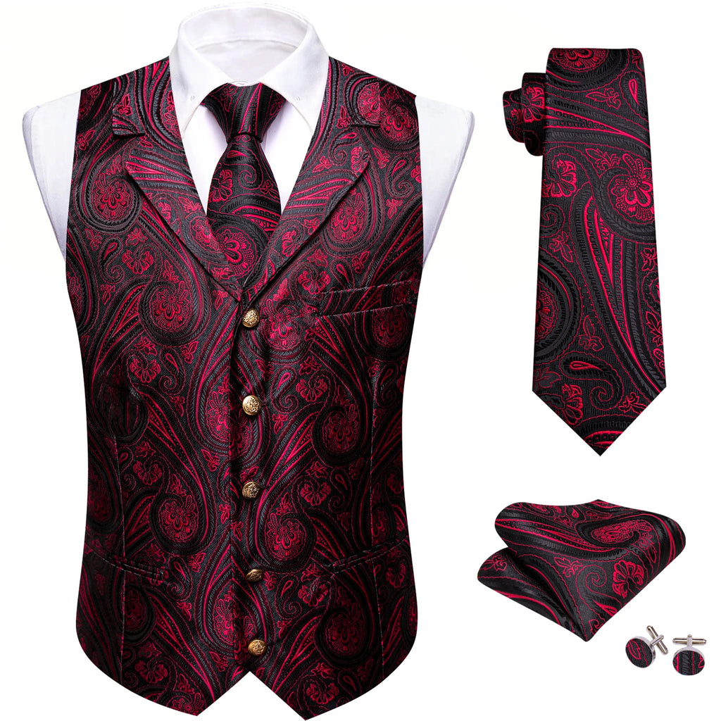 Men's Jacquard Waistcoat Half Notch Lapel Vest Necktie Pocket Square Cufflinks Set Formal Wedding Party Prom Business Suit Vests Qme BW-MJTZ2017 S