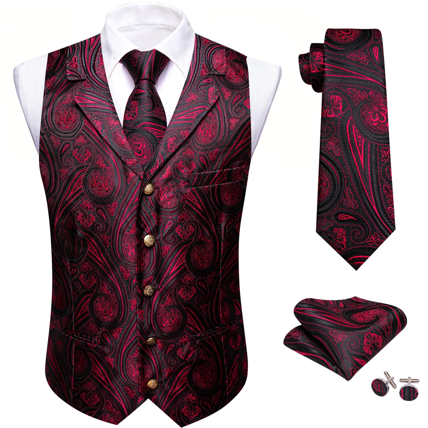 Men's Jacquard Waistcoat Half Notch Lapel Vest Necktie Pocket Square Cufflinks Set Formal Wedding Party Prom Business Suit Vests Qme BW-MJTZ2017 S