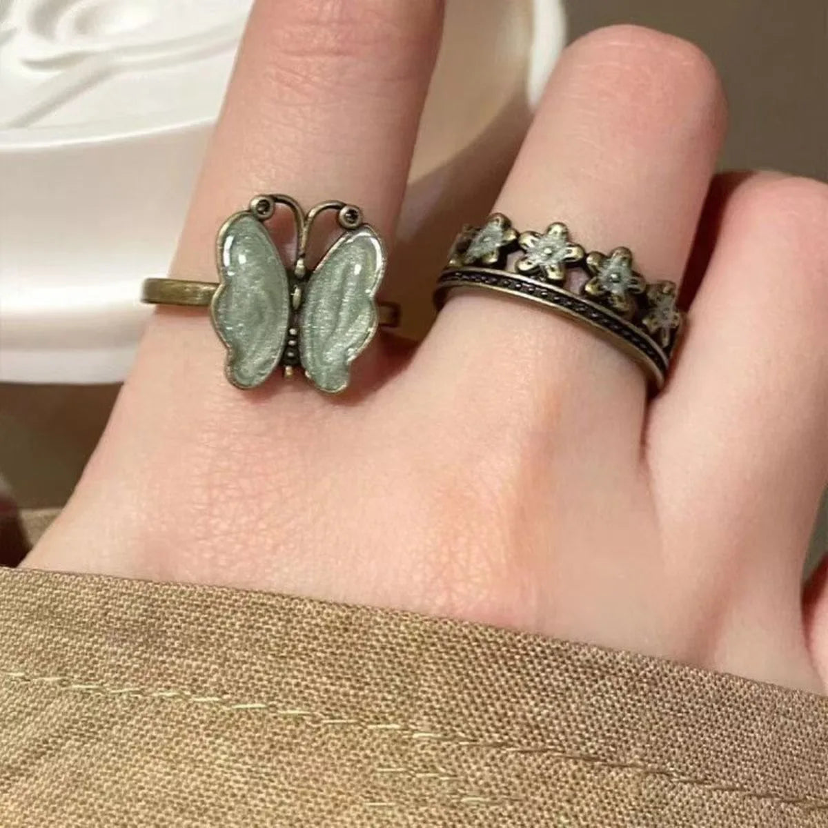 Vintage Green Style Color Butterfly Flower Opening Ring for Women Men Punk Hip Hop Metal Adjustable Finger Rings Jewelry Gift Qme
