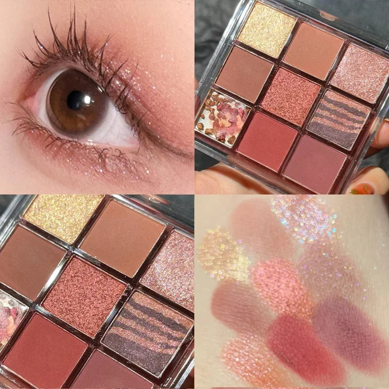 New Nine-color Eyeshadow Palette Rose Pink Color Pearly Matte Glitter Eyeshadow Pallete Shiny Eye Shadow Eye Pigments Qme 06
