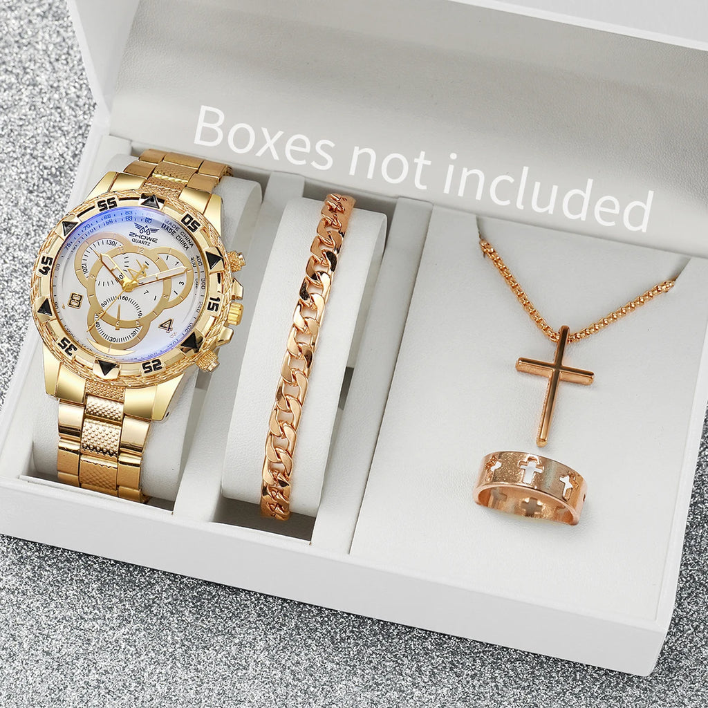 4PCS Men Business Watches Fashion Big Dial Steel Band Male's Analog Quartz Watch Clock Relogio Masculino（Without Box） Qme
