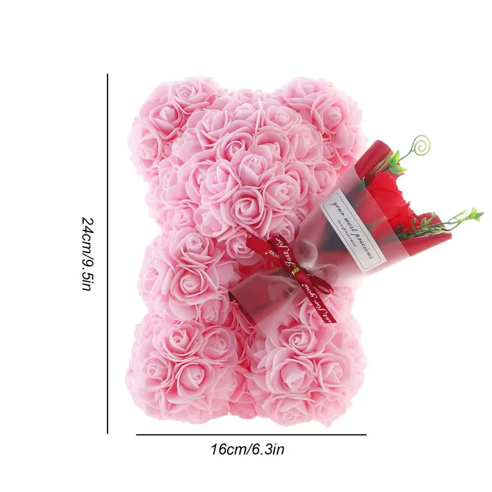 Flower Bear 9.45in Artificial Forever Flower Rose with Clear Box Romantic Gift for Her Handmade Valentine Bear for Home Decor Qme Light Pink