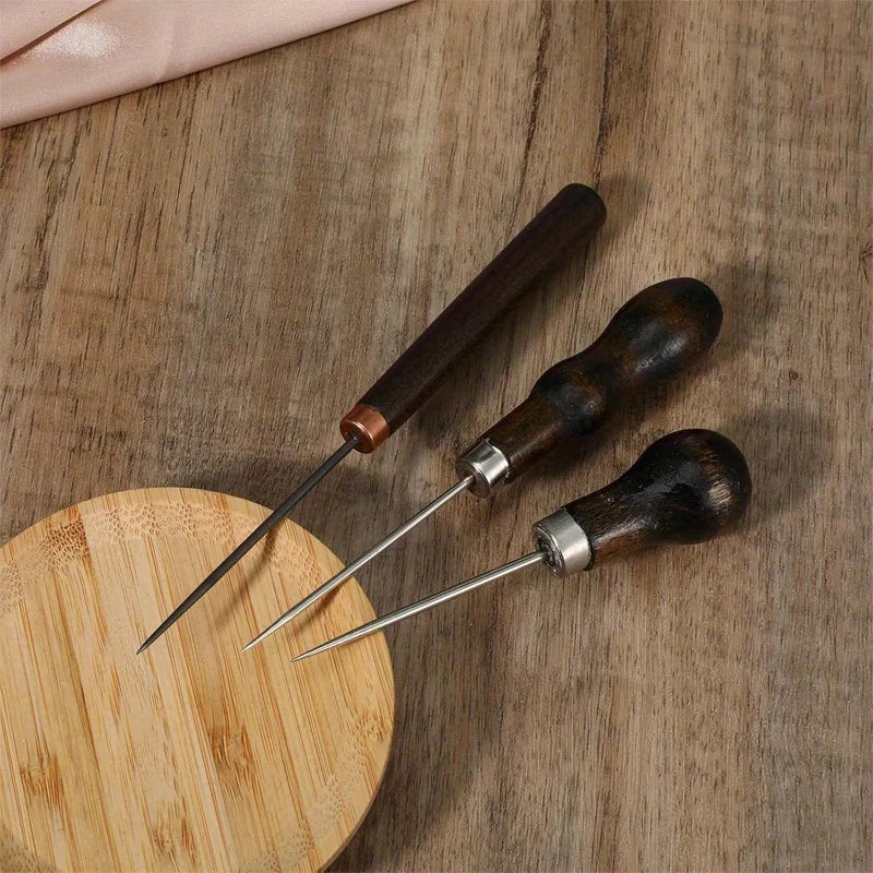 3pcs/Set Leather Awl Tool with Wooden Handle, Stitching Puncher for Sewing, Leathercraft, DIY Qme