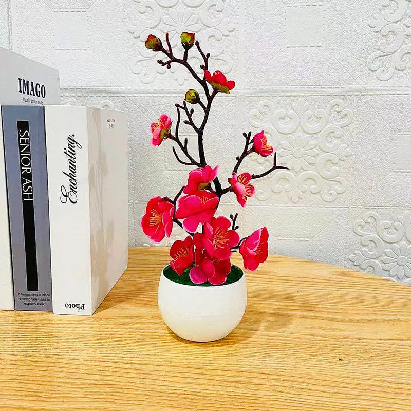 Simulation Plum Flower Pot Plant Artificial Plastic Fake Flowers Home Office Desktop Ornaments Wedding Party Background Decor Qme Rose Red