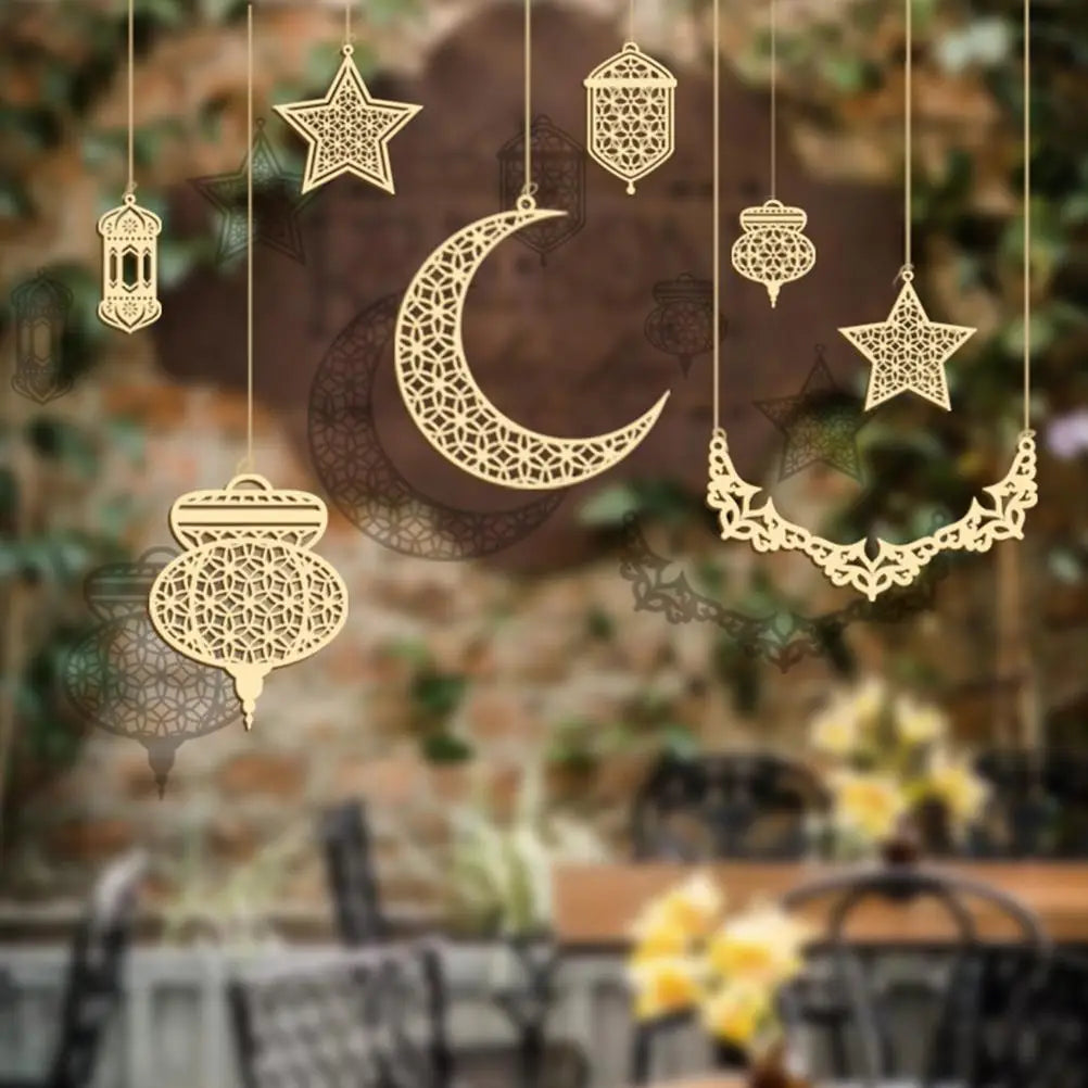 Wooden Moon Star Ramadan Ornaments Eid Mubarak Hanging Pendants DIY Islamic Muslim Festival Party Home Wall Decor Supplies Qme 8PCS