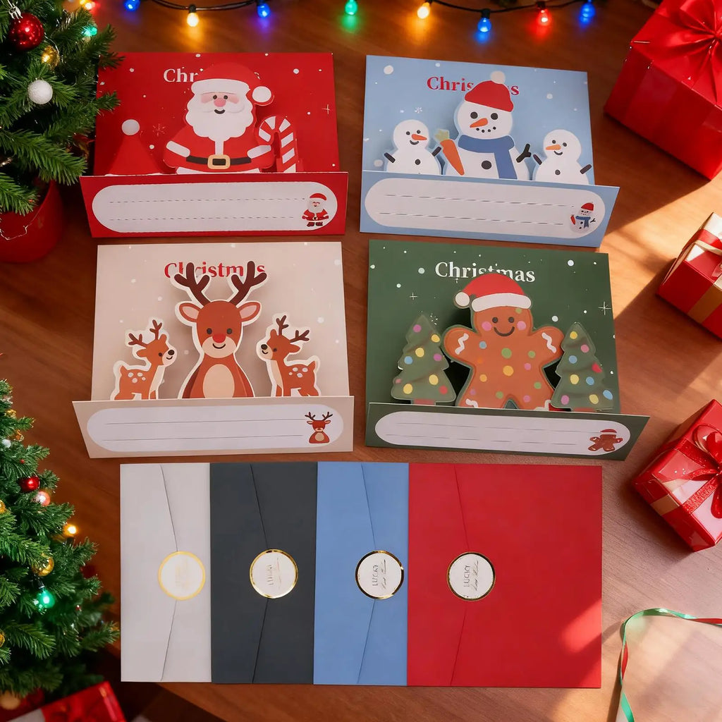 Merry Christmas Cards 4 Santa Elk Gingerbread Man 3D Holiday Decor Qme