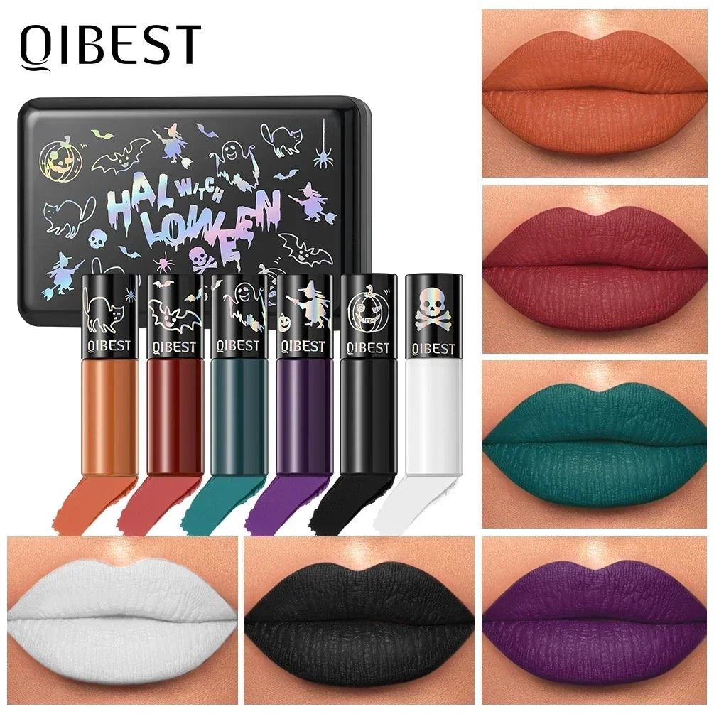 QIBEST Velvet Matte Lipstick Sets Waterproof Long-Lasting Sexy Red Non-Stick Cup Lipgloss Black Orange Lip Tint Makeup Kits Qme Lip Makeup Sets