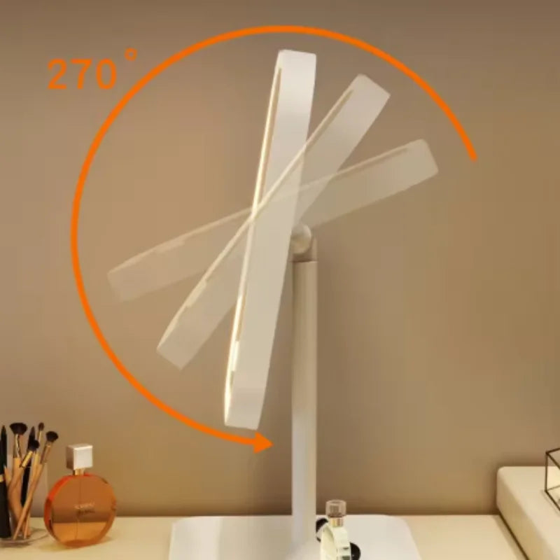 Women Bedroom Desktop Vanity Mirror 3 Color Dimmable Light LED Makeup Touch Control Mirror Home Travel Portable Qme