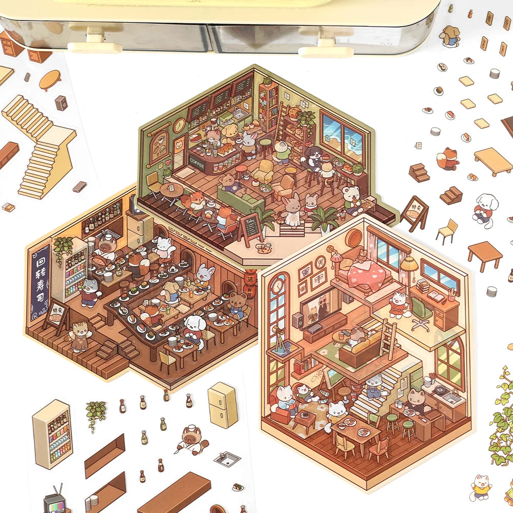 Cartoon 3D Landscaping Scrapbooking Stickers Miniature Scene DIY Cabin Scene Stacking and Pasting Hand Account Gift for Kid Qme
