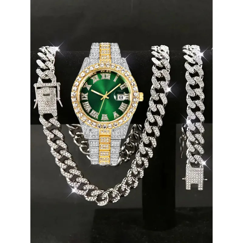 3-piece set hip-hop watch set with rhinestone bracelet and necklace, quartz Qme Silver