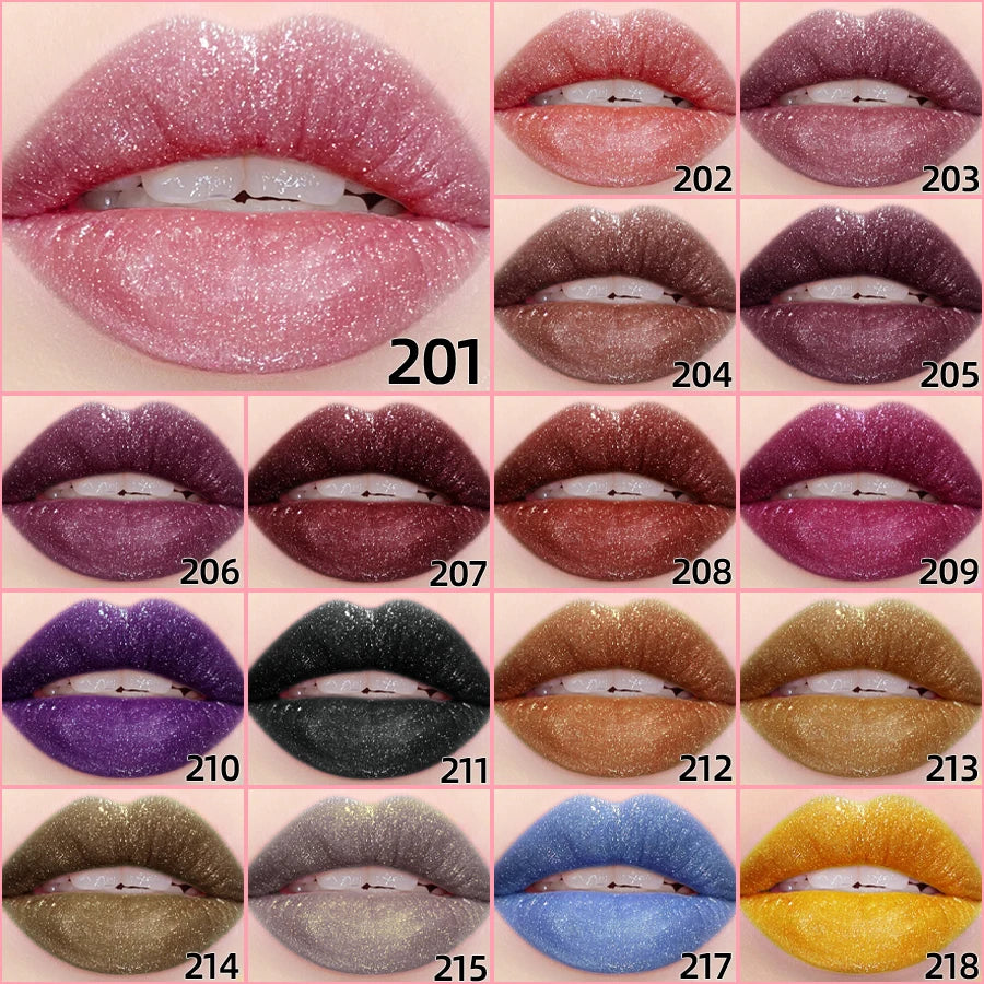 18 Colors Glitter Lip Glaze Long Lasting Gloss Waterproof Liquid Qme