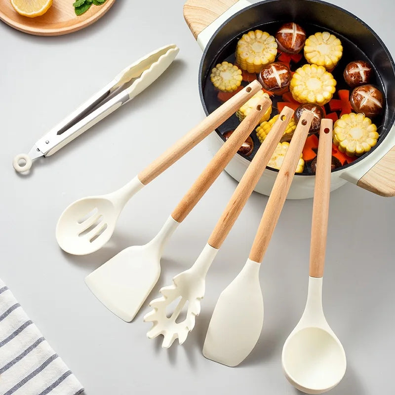 2/12Pcs White Silicone Kitchen Utensils Set with Wooden Handle,Cookware Spatula, Heat Resistant Non-stick Kitchen Cooking Tools Qme