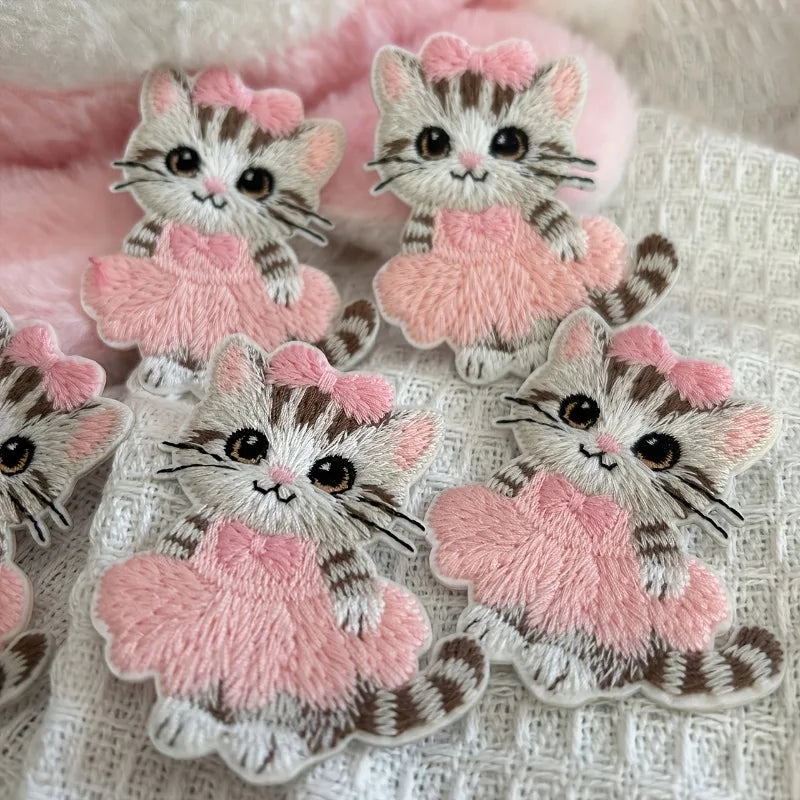 Cute Pink Bow Cat Embroidery Patch Self-adhesive Iron On Patches for Clothing Jeans Backpack DIY Sewing Apparel Sticker Qme