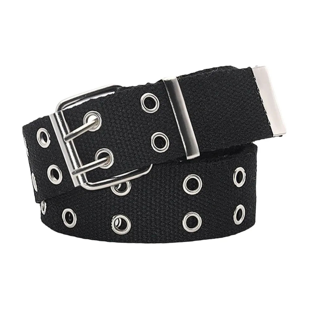 Outdoor Solid Canvas Waist Belt Double Row Nylon Woven Belts Metal Qme Black