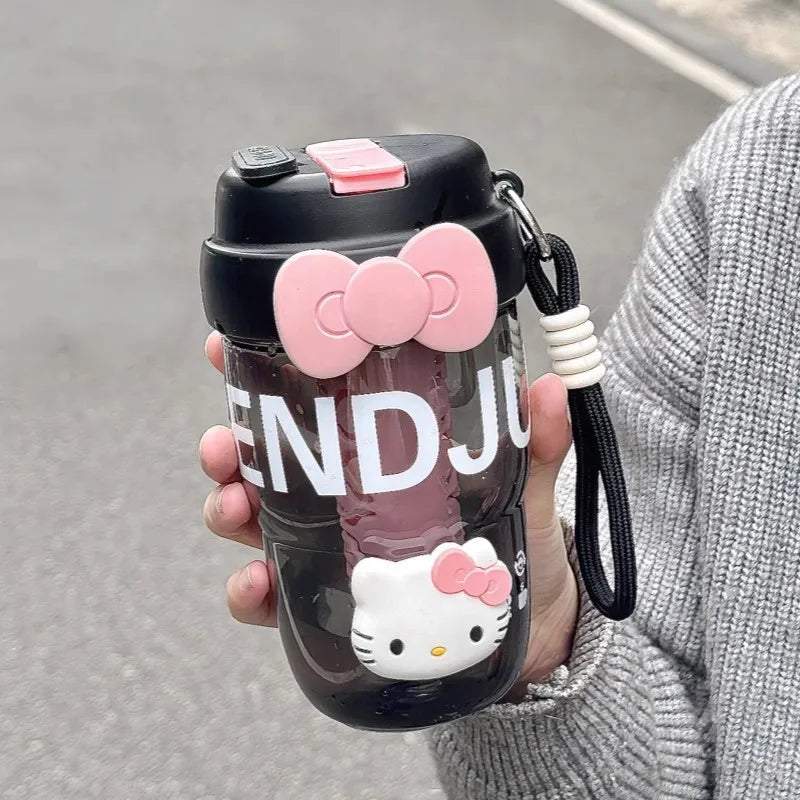 Hello Kitty Stylish Water Bottle with Straw Durable Outdoor Plastic Cup Portable Dual-Chamber Travel Mug for Students Qme 1 580ml