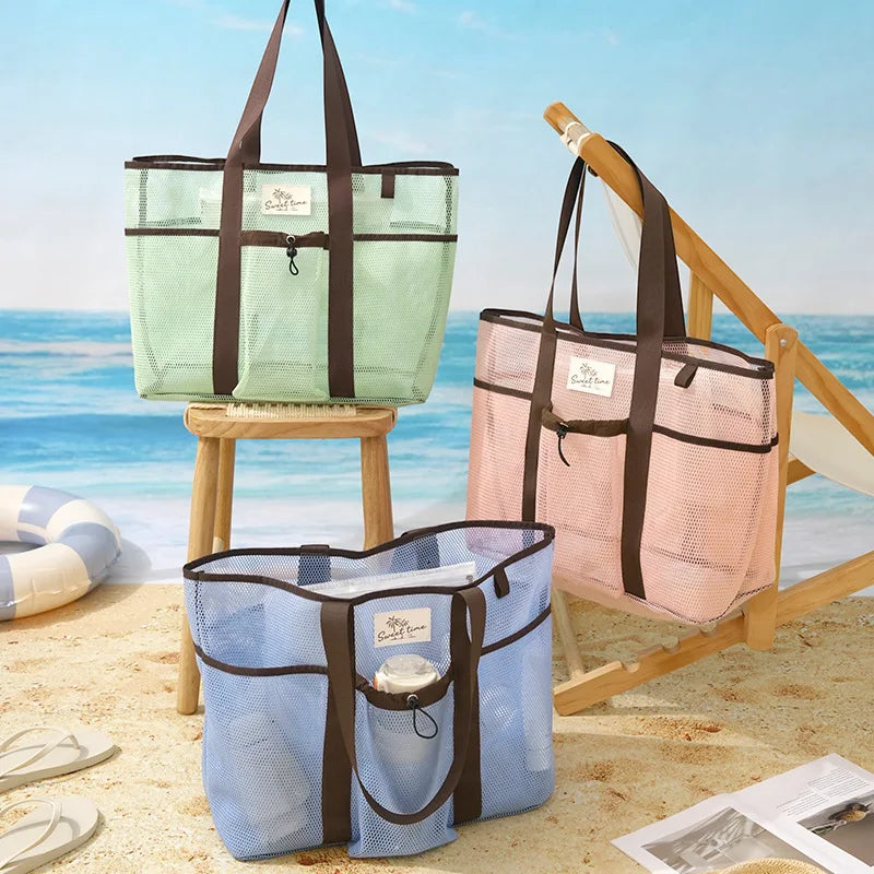 A Mesh Gym Beach Tote Bag Large Capacity Portable Handheld Travel Bag Swimming Swimsuit Storage Pouch for Outdoor Vacation Qme