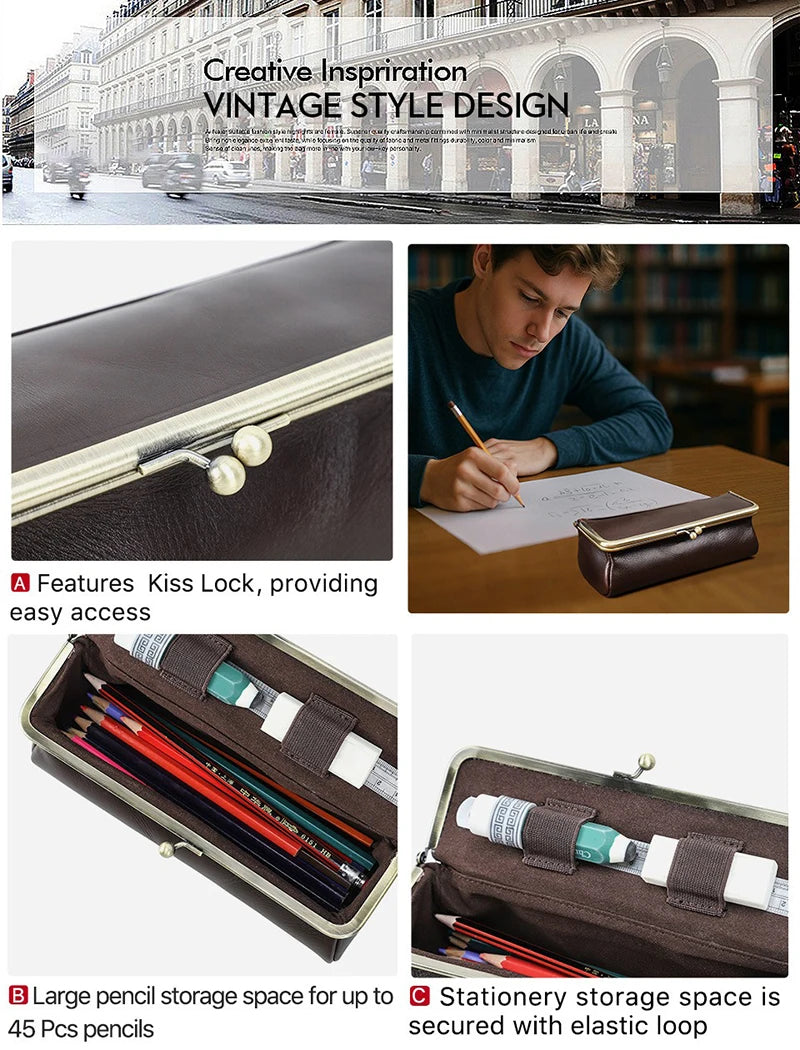 Handmade Vintage Genuine Leather Pencil Case Retro Storage Box for Office School Supplies Best Gift Stationery Storage Box Qme