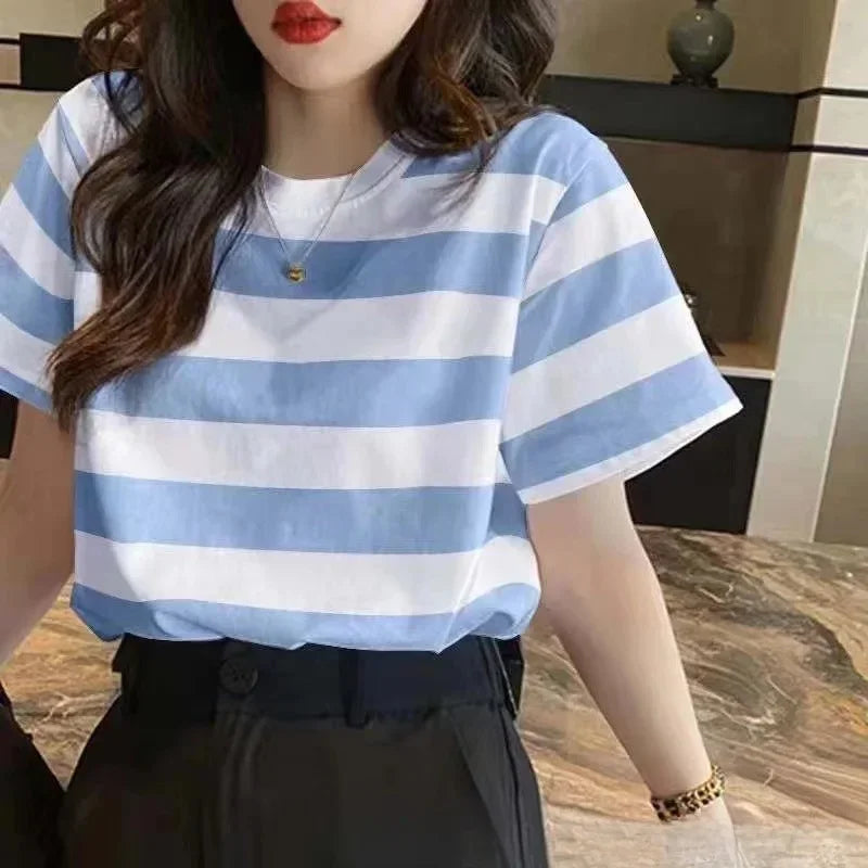 Summer Style Loose-fit Round Neck Short Sleeve Striped Pullover Casual Versatile Round Neck Slim Fit T-shirt Base Layer Shirt Qme Blue1 S