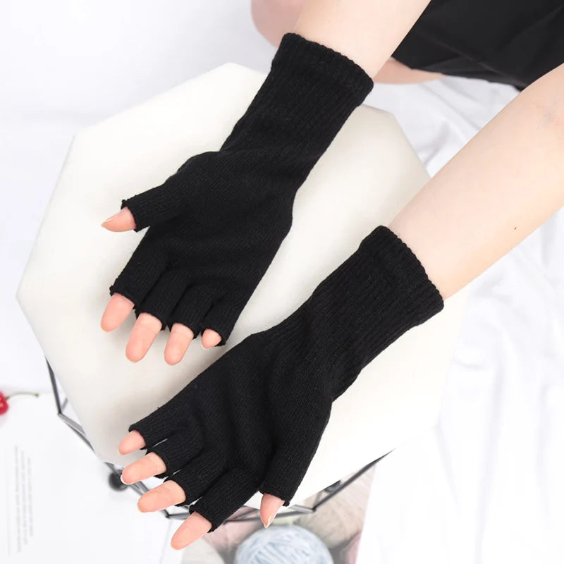 1 Pair Long Gloves Black Fingerless Knitted Gloves for Men Women Warm Outdoor Mitten Cycling Accessories Elastic Work Gloves Qme