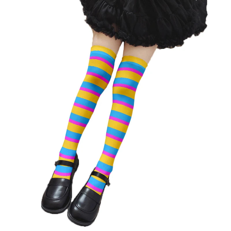 Fun Rainbow Striped Stockings Women's Sexy Fashion Multicolor Thigh Qme style1 One Size