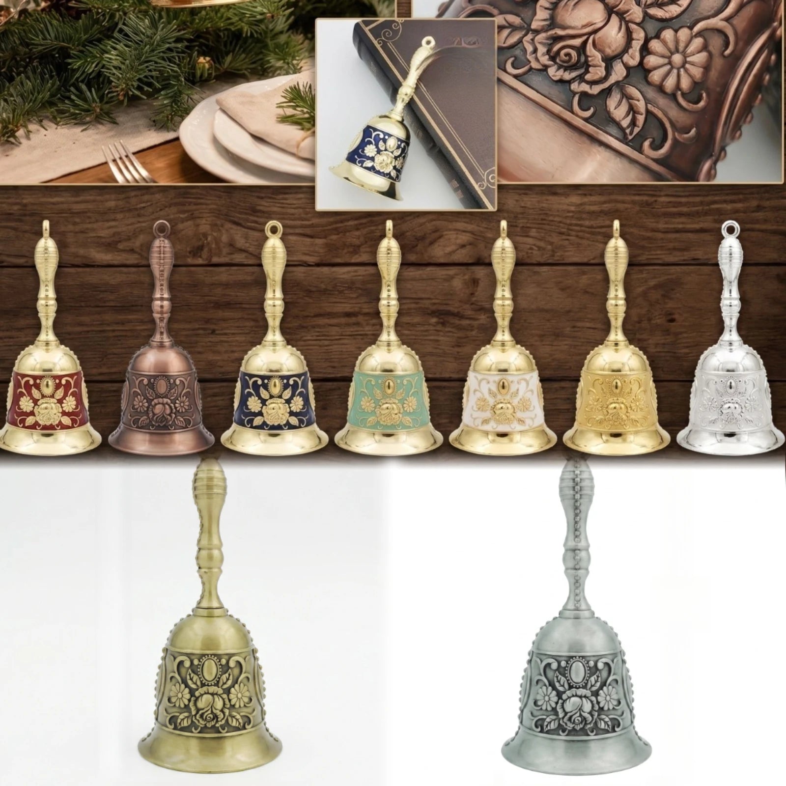 Brass Handicraft Large Engraved Hand Bell Loud and Clear Sound for Meditation Church Bronze Bell Creative Dining Service Bell Qme