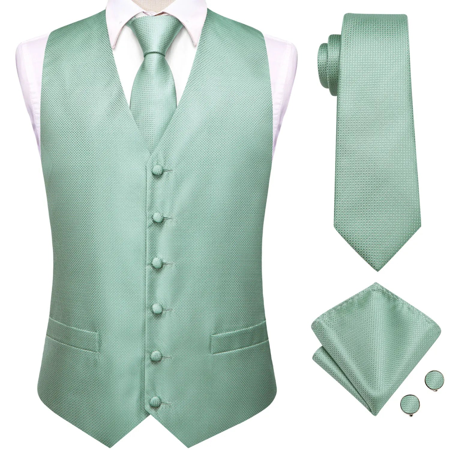 Sage Green Solid Floral Mens Suit Vests Woven Blue Waistcoat Tie Qme MJ-3233 S