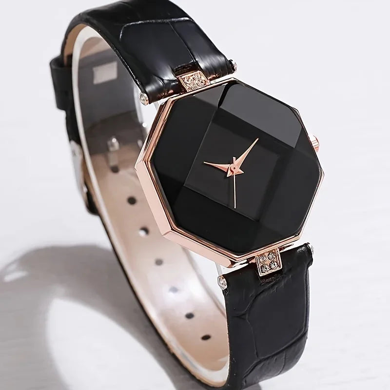 Women's Polygon Quartz Watch Pointer Quartz Watch Analog PU Leather Wrist Watch & Heart Bracelet Gift For Her Qme