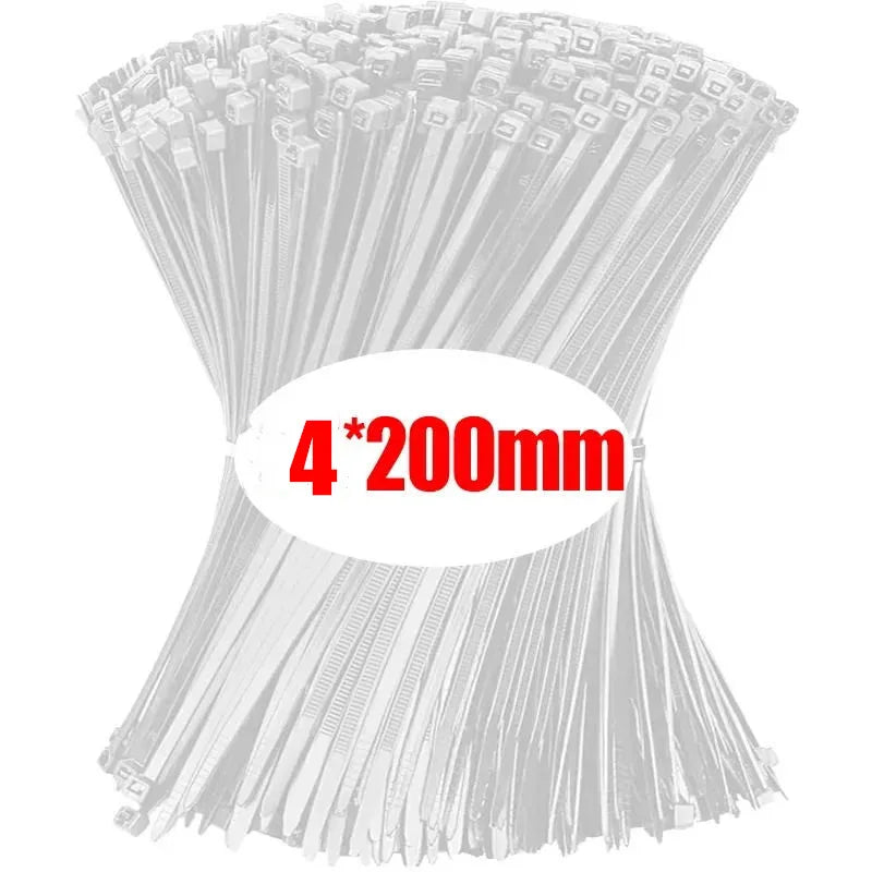 1000/100PCS Wholesale Nylon Cable Clamp Self-locking Cable Ties Adjustable Wire Zip Tie Home Office Plastic Fastening Loop Strap Qme White(4x200mm) 1000PCS