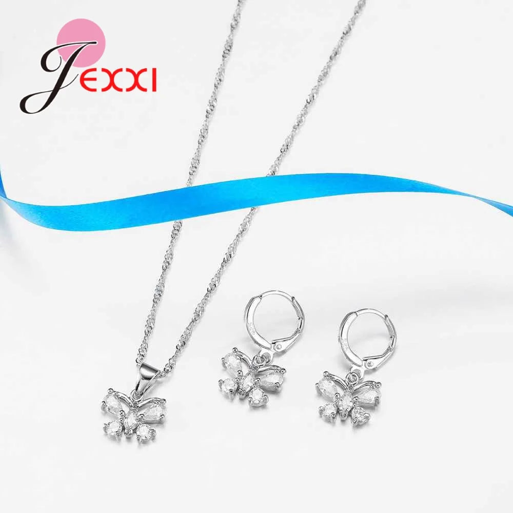 Exquisite Jewelry Sets Genuine 925 Sterling Silver Color Zircon Pendant Necklace Earrings for Women Crystal Bowknot Bijoux Qme
