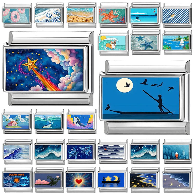 Y2K Blue Night Sky Stars Color Cloud Italian Charm Link Fit 9mm Stainless Steel Women Bracelet DIY Making Jewelry Gift Wholesale Qme