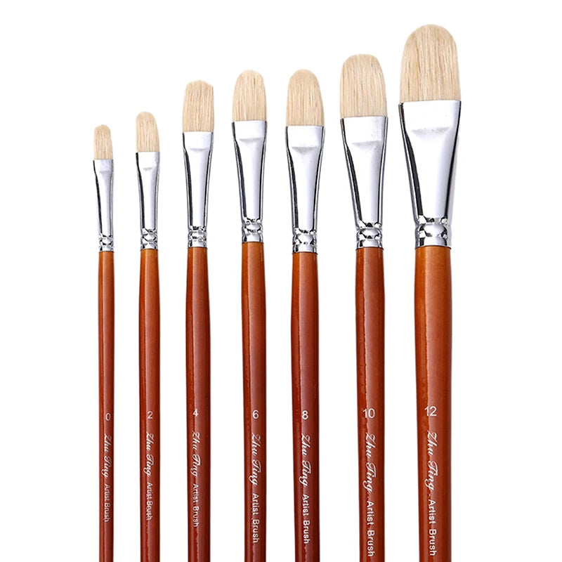 Professional Hog Bristle Filbert Oil Paint Brushes Long Wooden Handle Qme