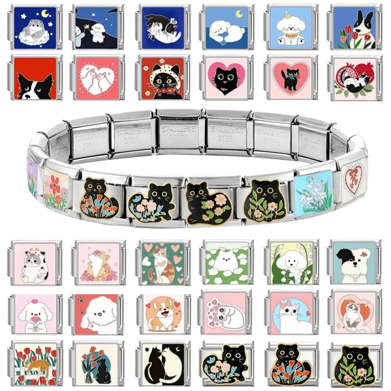 Fashion Colorful Cat Tulip Daisy Flowers Heart Charm Italian Links 9mm Bracelets Bangle Stainless Steel DIY Making Jewelry Gifts Qme