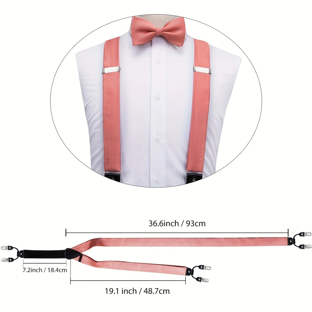 Hi-tie Silk Mens Braces Bowtie Hanky Cufflinks Y Back Clip Adjustable Qme
