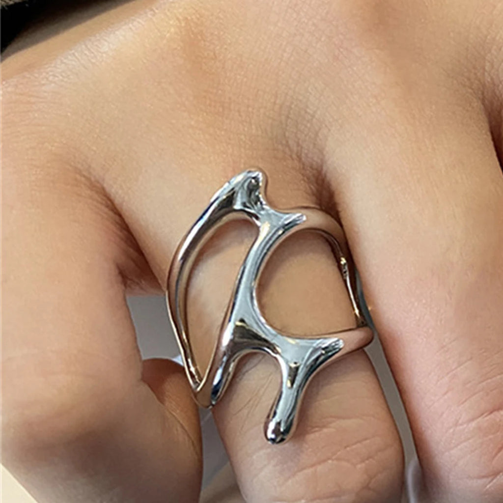 Y2K Silver Color Irregular Adjustable Rings for Teenager Punk Geometric Hollow Branches Open Ring Party Vintage Women Jewelry Qme 2 resizable