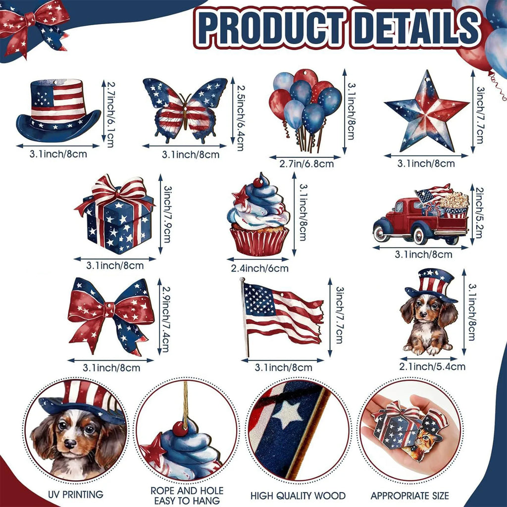Independence Day Hanging Wooden Ornament Set Includes 12 Patterns and Hanging Ropes Anniversary Party DIY Decor Supplies Qme
