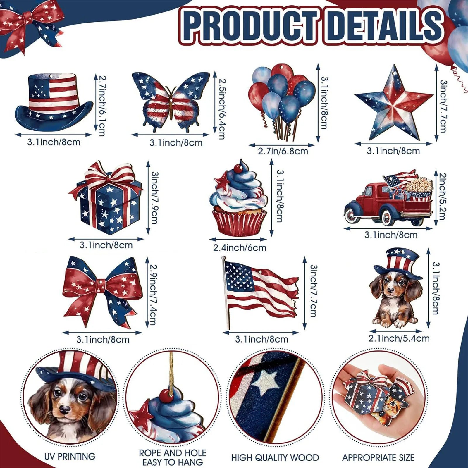 Independence Day Hanging Wooden Ornament Set Includes 12 Patterns and Hanging Ropes Anniversary Party DIY Decor Supplies Qme