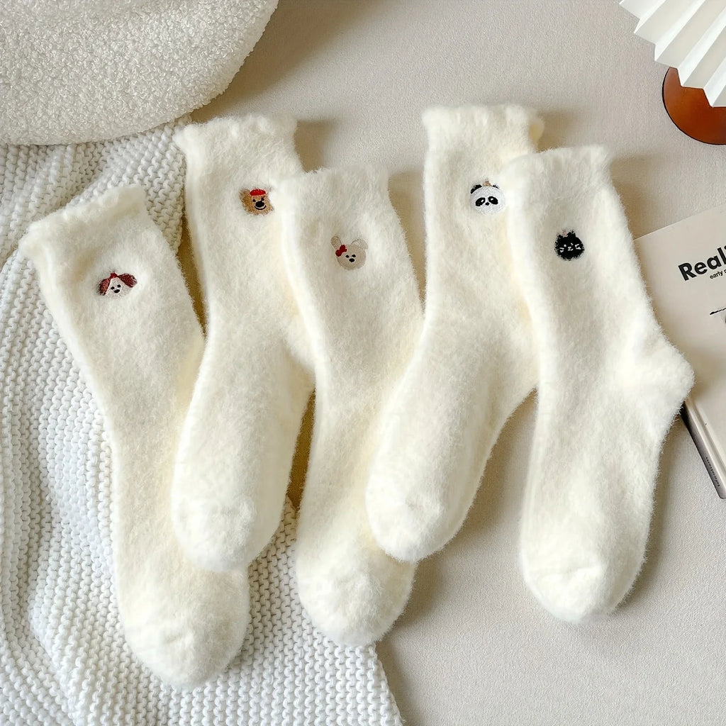 Women's Socks, Cute Animal Embroidered Plush Socks, Winter Warm Faux Mink Cashmere Cozy Sleep Floor Socks Qme