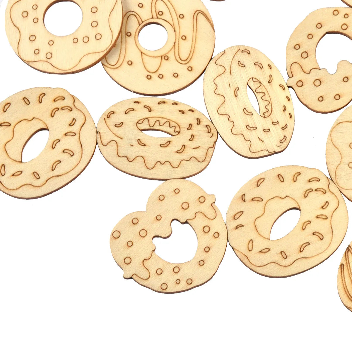 25Pcs 4cm Mix Doughnut Pattern Natural Wooden Oranments Handmade Supplies Wood Crafts DIY Kid Party Scrapbooking Art Decor C3499 Qme