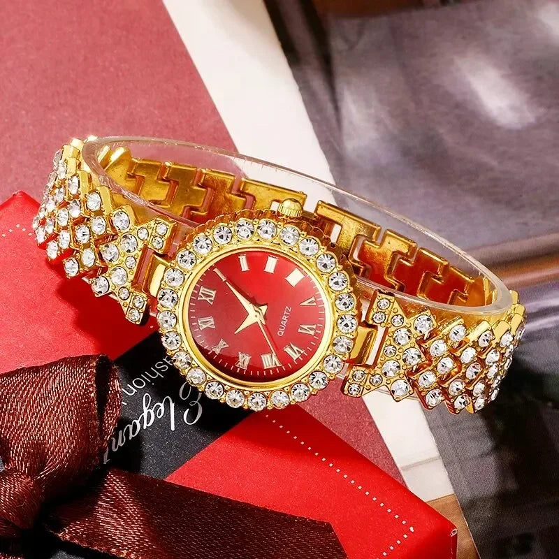 Gold luxury watches, women's rings, necklaces, earrings, rhinestones, fashionable watches, casual women's bracelets, watches, je Qme